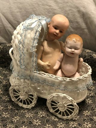 White Wicker Baby Buggy Carriage 8.  5 " Great For Antique Bisque Germany Dolls