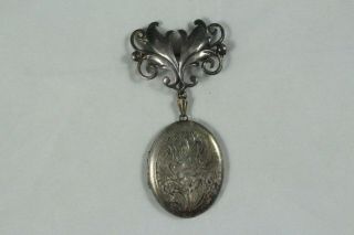 Antique Art Nouveau Sterling Silver Floral Engraved Locket Pin Brooch
