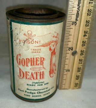 Antique Gopher Death Rodent Poison Tin Vintage Fort Dodge Ia Can Squirrel Killer