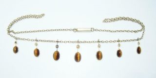 Antique Victorian Silver & 9ct Gold Seed Pearl Tiger Eye Fringe Pendant Necklace