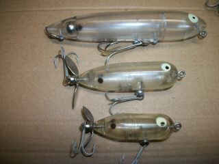 3 Vintage Clear Heddon Zara Spook,  Baby And Tiny Torpedo Fishing Lures
