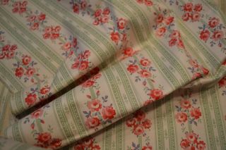 Antique French Floral Climbing Rose Stripe Cotton Fabric Green Rose Blue Uncut