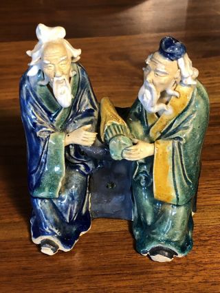 Vintage China Shiwan Mud Man Pottery Handcrafted Figure Two Men Visiting