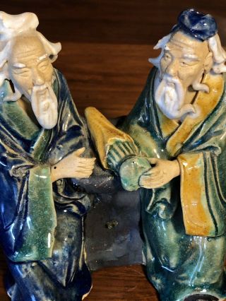 Vintage China Shiwan Mud Man Pottery Handcrafted Figure Two Men Visiting 2