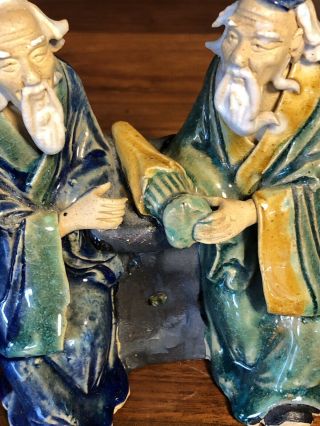 Vintage China Shiwan Mud Man Pottery Handcrafted Figure Two Men Visiting 3