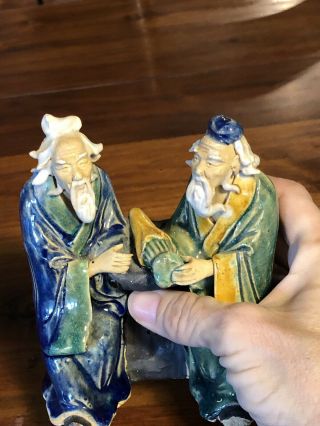 Vintage China Shiwan Mud Man Pottery Handcrafted Figure Two Men Visiting 4