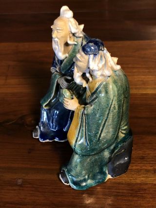 Vintage China Shiwan Mud Man Pottery Handcrafted Figure Two Men Visiting 5