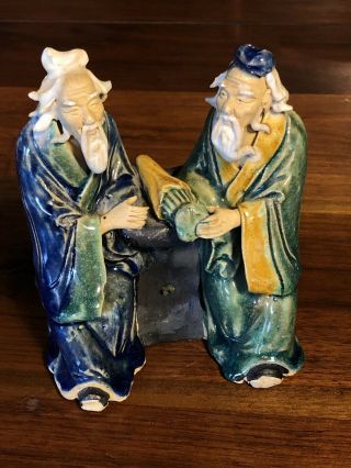 Vintage China Shiwan Mud Man Pottery Handcrafted Figure Two Men Visiting 6