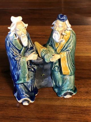 Vintage China Shiwan Mud Man Pottery Handcrafted Figure Two Men Visiting 8