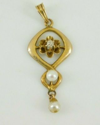 Vintage / Antique Victorian 10k Gold Diamond & Pearl Lavalier Pendant