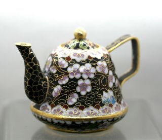 Vintage Chinese Brass Cloisonne Enamel Miniature Teapot Circa 1980s 2