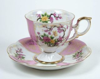 Vintage Royal Halsey Tea Cup Pink & Yellow Floral White Iridescent Luster 6 Oz