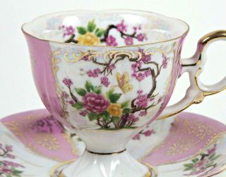 Vintage Royal Halsey Tea Cup Pink & Yellow Floral White Iridescent Luster 6 oz 2