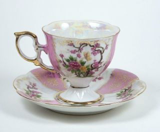 Vintage Royal Halsey Tea Cup Pink & Yellow Floral White Iridescent Luster 6 oz 4