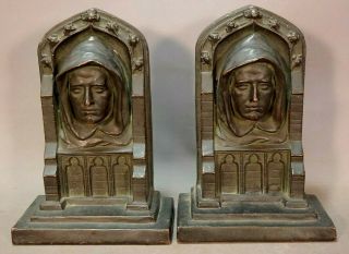 1920s Antique Bronzed Copper Clad Figural Monk Statue Old Cathedral Bust Bookend