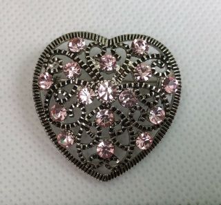 Liz Claiborne Lc Signed Vintage Pin Brooch Pink Rhinestone Heart Antiqued Gold