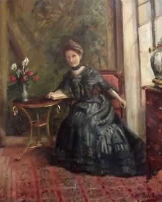 Lady In Boudoir Antique French Impressionist Oil Painting Signed " Ms 1901 "