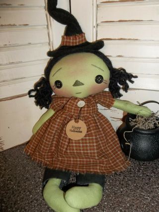 Primitive Folk Art Raggedy Ann Annie Green Halloween Witch Doll