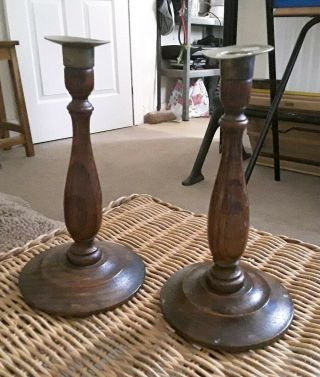 Antique Oak Candlesticks Turned Brass Topped Wooden Treen Candlesticks 8.  5 "