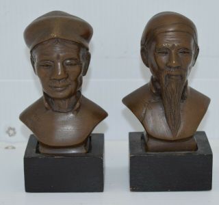 Set Of 2 Vintage Chinese Bronze Statue Figure Head Bust 4 " Tall W/stands Heavy