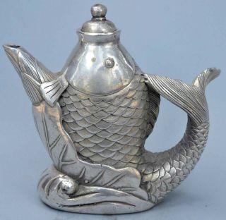 China Collectable Handwork Miao Silver Carve Vivid Goldfish Auspicious Tea Pots