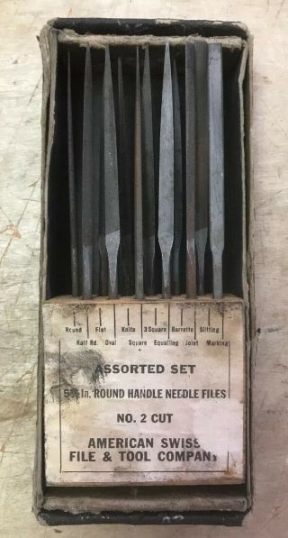 Vintage Antique American Swiss Tool Co 12 Pc Needle File Set W Wood Box
