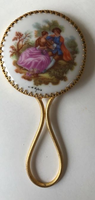 Antique Hand Painted Limoges Porcelain Hand Mirror With Victorian Couple On Face