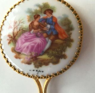ANTIQUE HAND PAINTED LIMOGES PORCELAIN HAND MIRROR WITH VICTORIAN COUPLE ON FACE 4