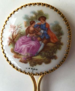 ANTIQUE HAND PAINTED LIMOGES PORCELAIN HAND MIRROR WITH VICTORIAN COUPLE ON FACE 5