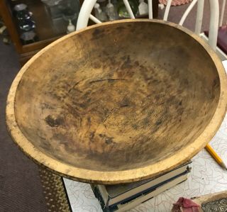 SPECTACULAR Antique Vintage Primitive Turned Wooden Rimmed Dough Bowl 5