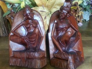 Vintage Pair Wooden Hand Carved Bali Indonesiantropical Wood Bookends - Very F