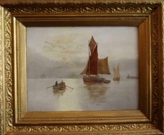 Antique British Primitive Smugglers Seascape Oil Painting The Whiskey Run I.  O.  M.