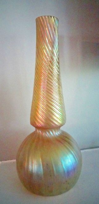 Antique Kralik Art Glass Golden Iridescent Ribbed Twisted Bulbous Vase Bohemian