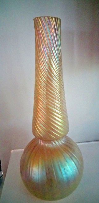 Antique KRALIK Art Glass Golden Iridescent RIBBED TWISTED Bulbous VASE Bohemian 2