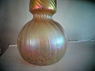 Antique KRALIK Art Glass Golden Iridescent RIBBED TWISTED Bulbous VASE Bohemian 5