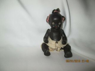 Antique Black Americana Bisque Baby Doll W/original Diaper & Pink Ribbons Japan