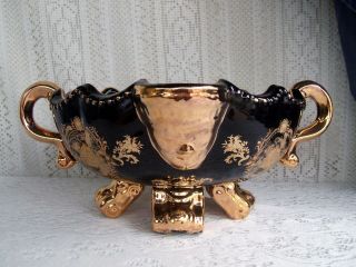 Large Chinese Porcelain Black And Gold Bowl With Handles And Victorian Design