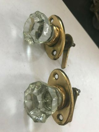 Pair (2) Old Glass Brass Knob Cabinet Cupboard Door Twist Turn Thumb Latch Lock