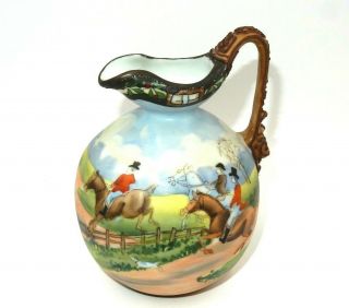 Antique Nippon Moriage Porcelain Pottery Fox Hunt Scene Hand Painted Pitcher