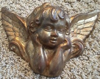 Antique Gold Gilded Pensive Winged Cherub Angel Terra - Cotta Pottery Wall Hanging