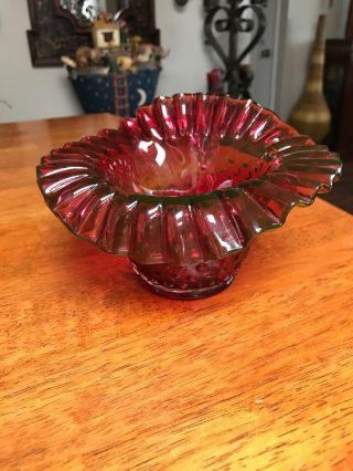 Antique Cranberry Hobnail Blown Art Glass Handle Jack In The Pulpit Vase
