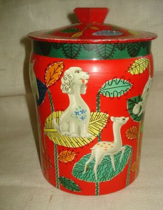 Vintage Horner & Co RED TIN CANISTER Toy Animal Figurine Graphics 2