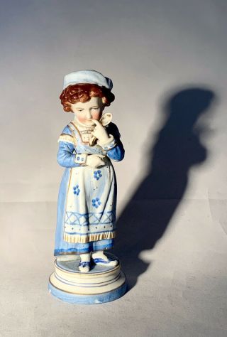 Antique - Bisque Porcelain Figurine - Woman With Gold Spoon - 6.  5” - German?