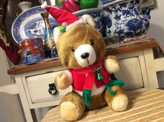 Henco Plush Teddy Bear 14 " Vintage Christmas Santa Hat Suit Retro Scarf Bell
