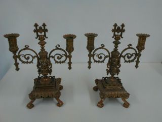 Antique Pair Ornate Brass Candle Holders