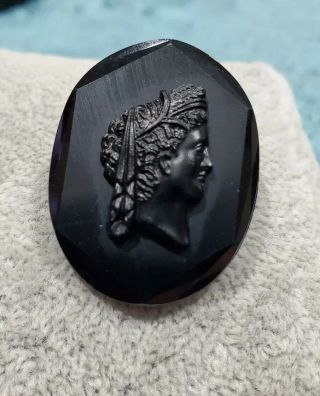 Antique Victorian Black Glass Mourning Cameo Woman Pin Brooch