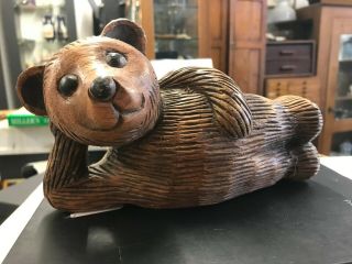 Vintage Brown Wooden Bear Figure Hand Carved Wood Animal Ornament Detailed