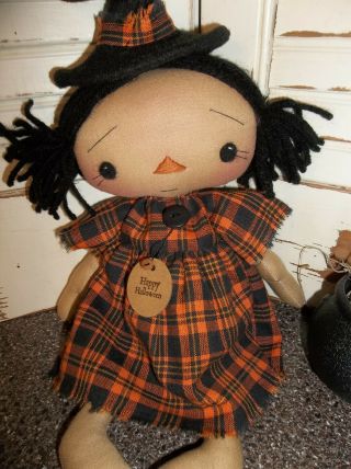 Primitive Folk Art Raggedy Ann Annie Halloween Witch Doll Orange/black Homespu