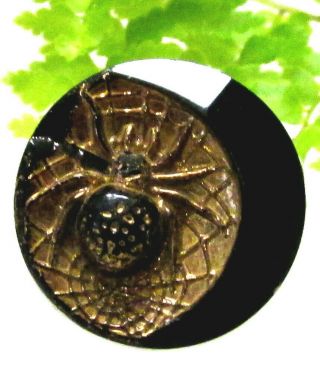 Victorian Gold Luster Glass Button W/ Spider And Crescent Moon E22