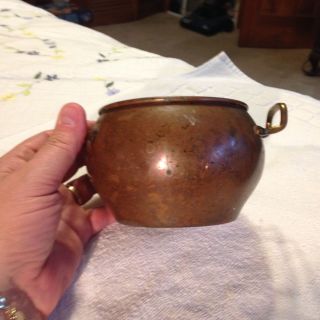 Antique 4 Inch Copper Bowl With Brass Handles
